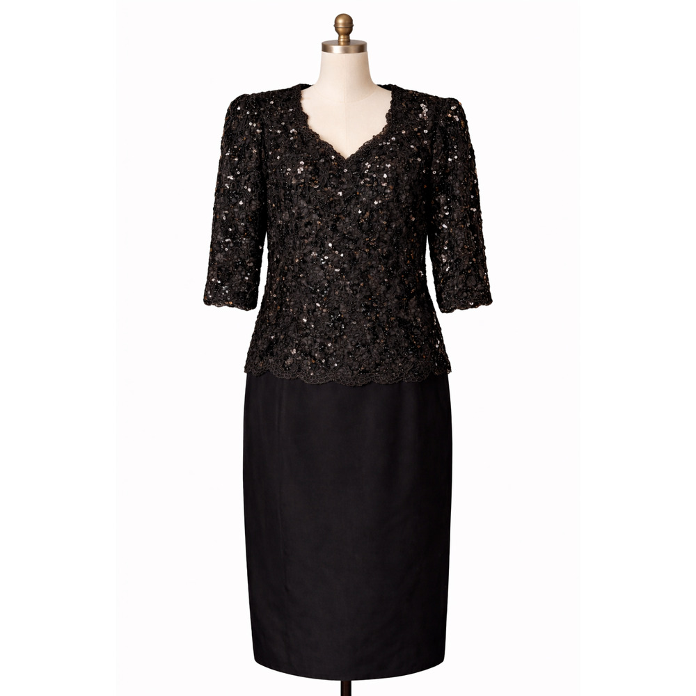 Vintage 90s Black Sequin Lace Overlay MOB Cocktail Dress Lori Max L